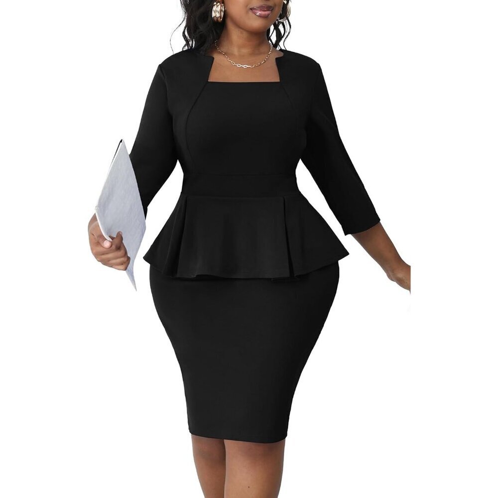 Plus Size Bodycon Dress Polyester 3/4 Sleeve Peplum for Work and Church